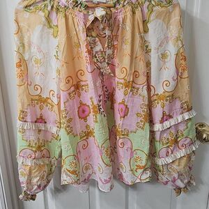 Hale Bob Pastel Scarf Print Fringe Sleeve Blouse Boho Maximalist Small
